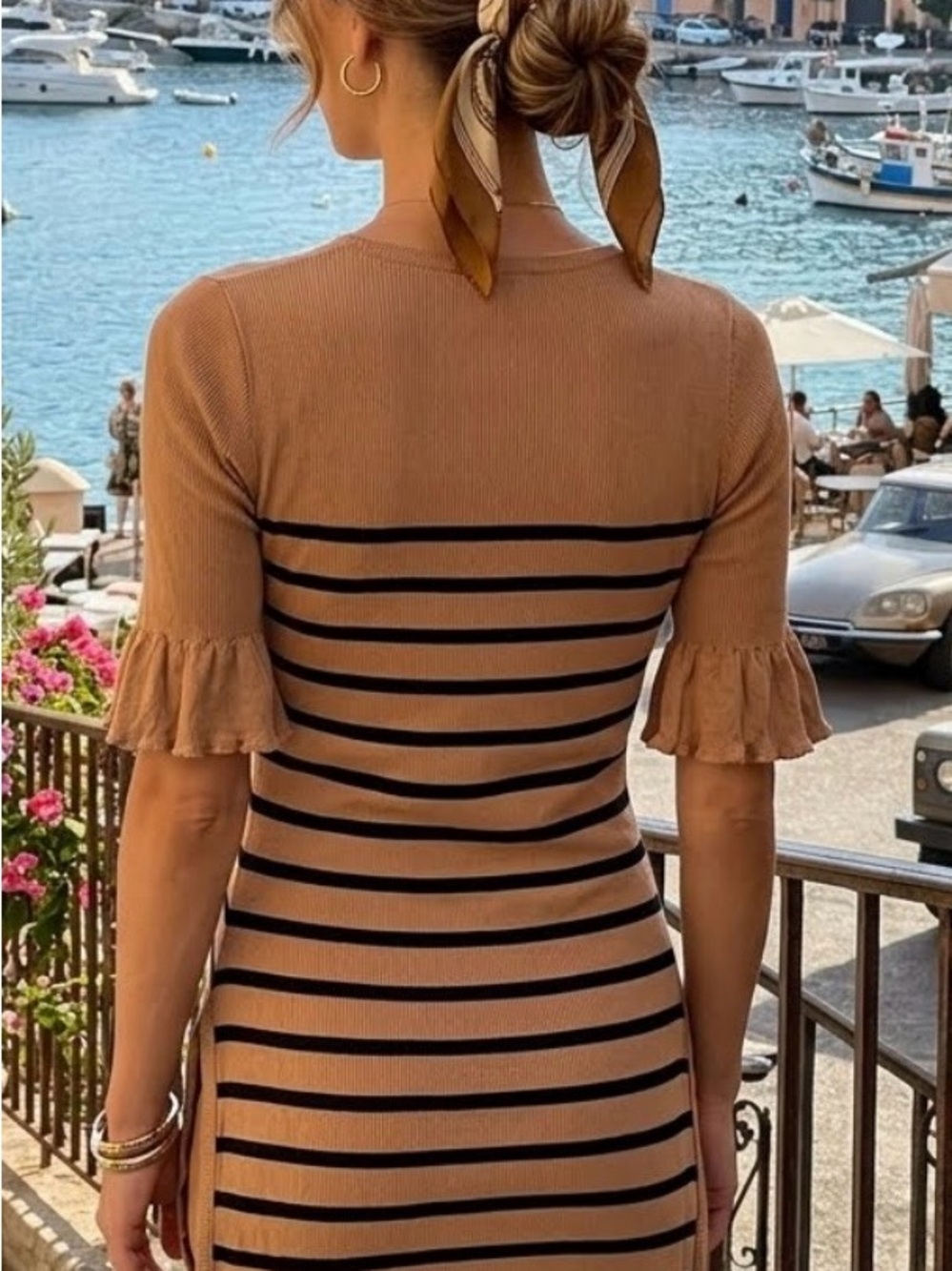 Striped Knit Dress with Ruffle Sleeves - Camel & Black vintage Claude Montana S